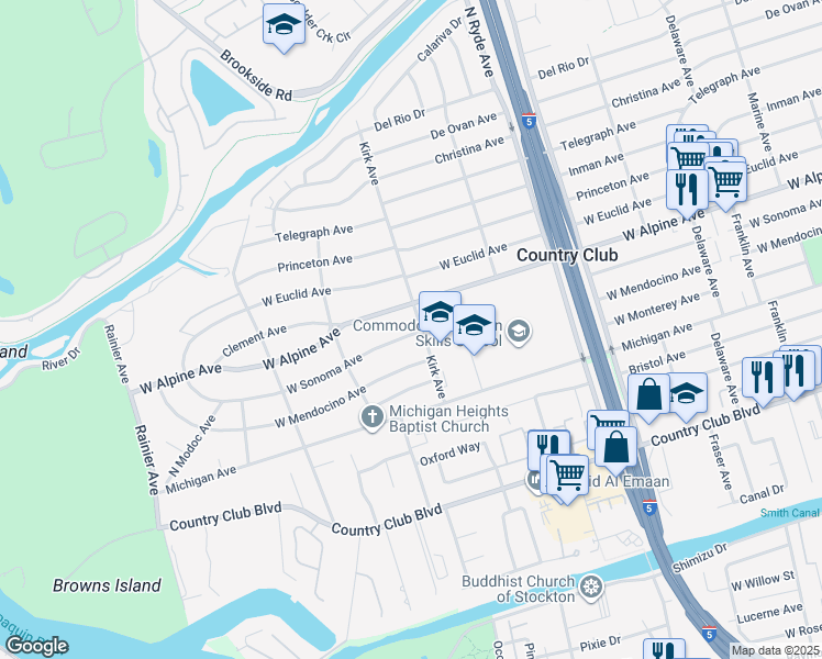 map of restaurants, bars, coffee shops, grocery stores, and more near 3013 West Sonoma Avenue in Stockton