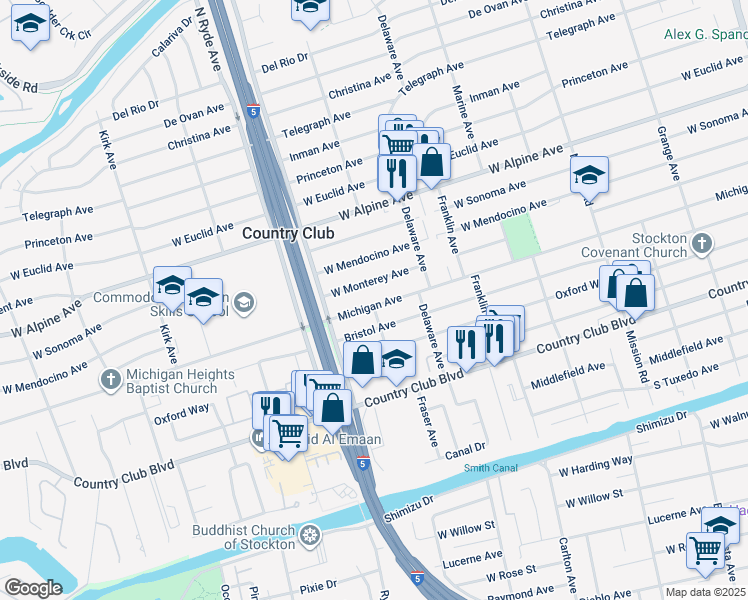 map of restaurants, bars, coffee shops, grocery stores, and more near 2441 Michigan Avenue in Stockton