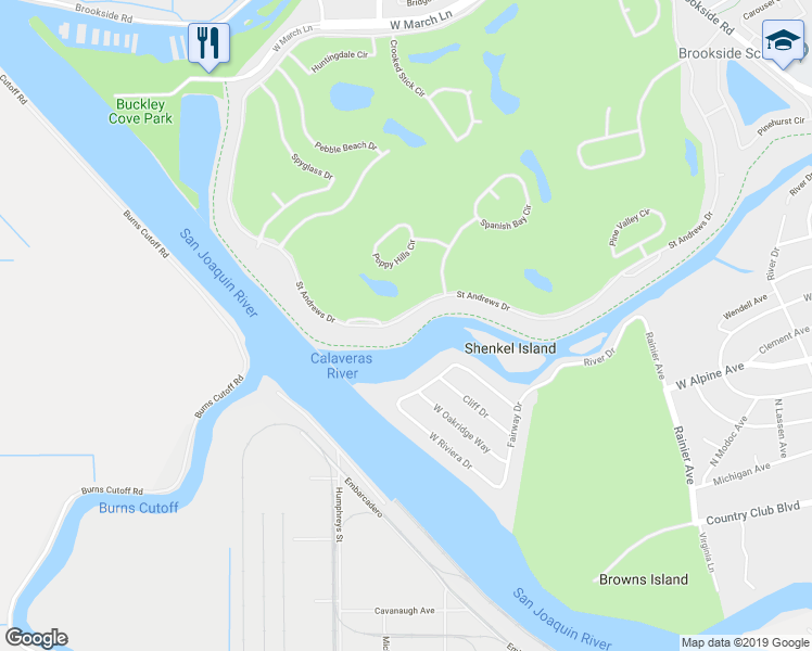 map of restaurants, bars, coffee shops, grocery stores, and more near 5344 Saint Andrews Drive in Stockton