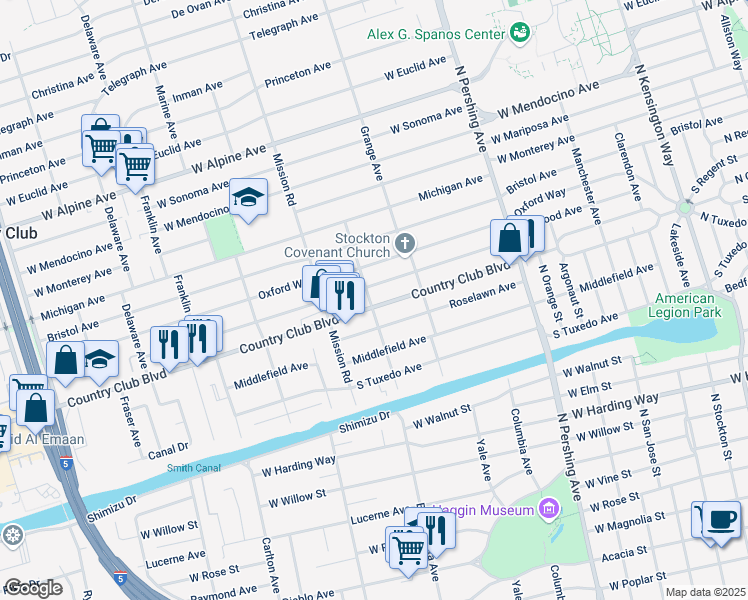 map of restaurants, bars, coffee shops, grocery stores, and more near 1789 Country Club Boulevard in Stockton