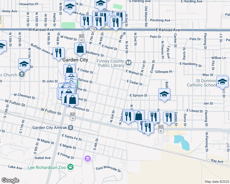 map of restaurants, bars, coffee shops, grocery stores, and more near 506 North 4th Street in Garden City