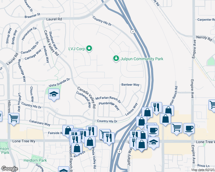 map of restaurants, bars, coffee shops, grocery stores, and more near 5535 Coachford Way in Antioch