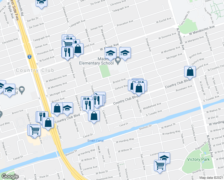map of restaurants, bars, coffee shops, grocery stores, and more near Oxford Way & Marine Avenue in Stockton