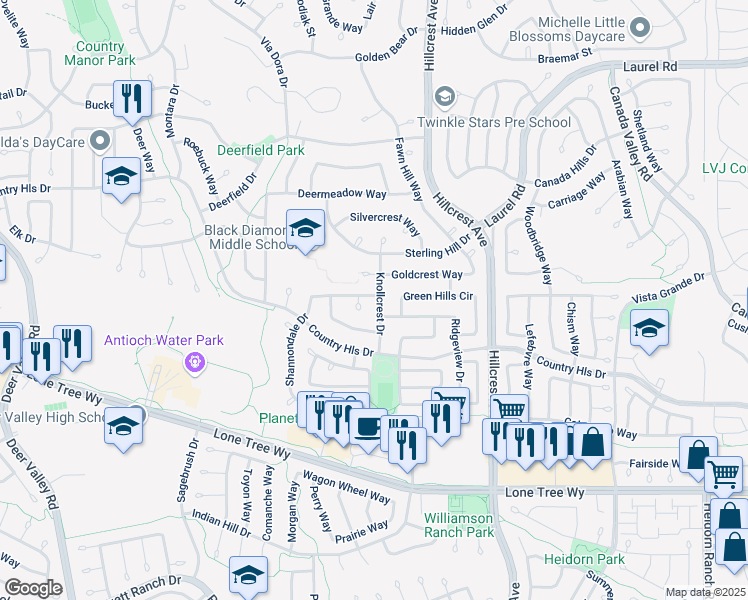 map of restaurants, bars, coffee shops, grocery stores, and more near 4844 Knollcrest Drive in Antioch