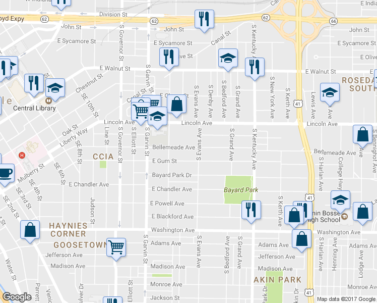 map of restaurants, bars, coffee shops, grocery stores, and more near 735 Bellemeade Avenue in Evansville