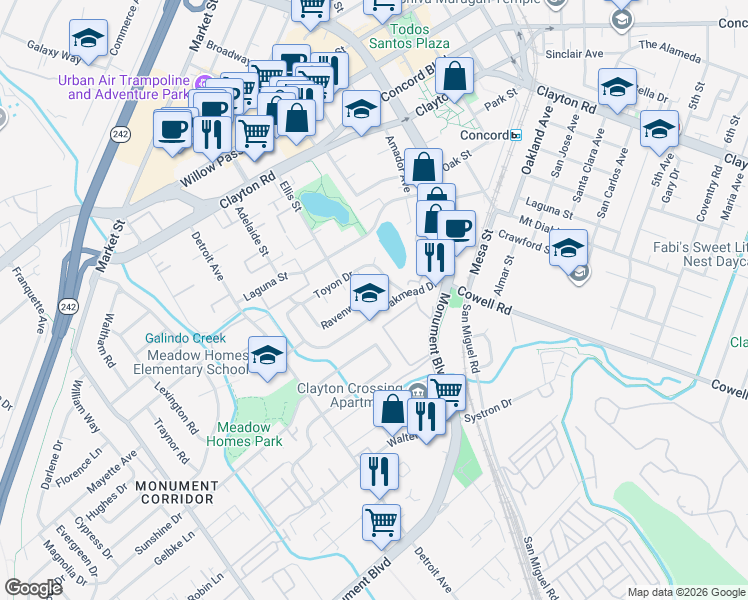 map of restaurants, bars, coffee shops, grocery stores, and more near 1802 Ravenwood Drive in Concord