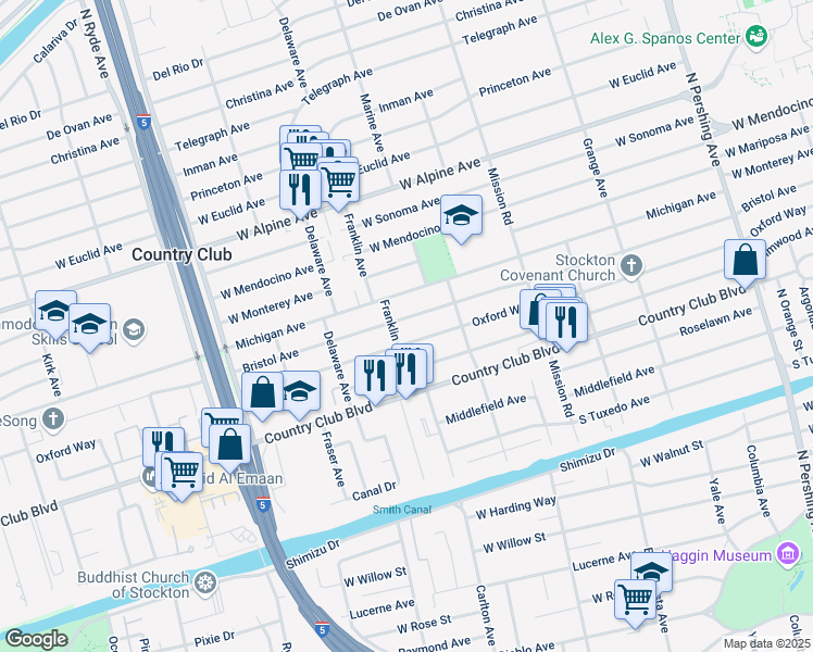 map of restaurants, bars, coffee shops, grocery stores, and more near 2068 Bristol Avenue in Stockton