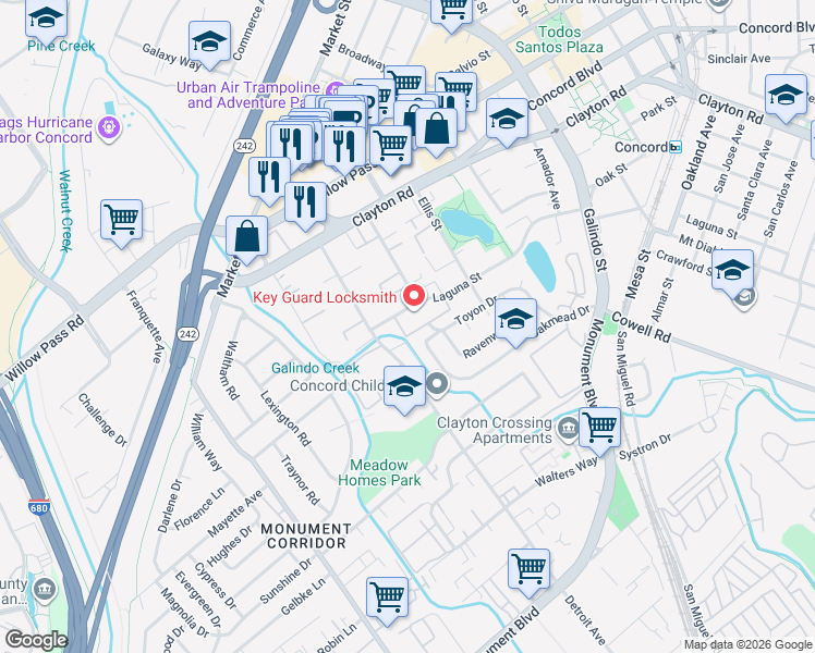 map of restaurants, bars, coffee shops, grocery stores, and more near 2000 Laguna Circle in Concord