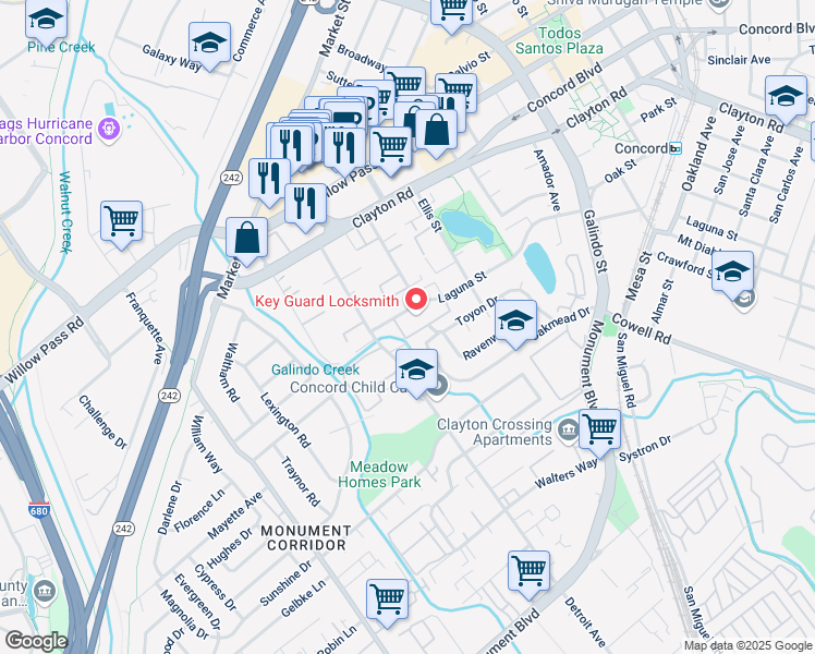 map of restaurants, bars, coffee shops, grocery stores, and more near 2200 Laguna Circle in Concord