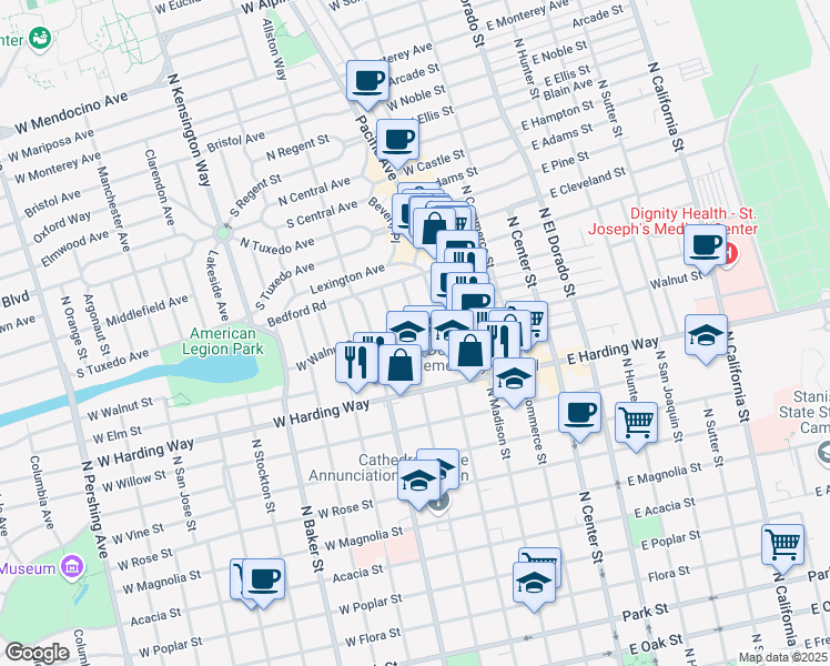 map of restaurants, bars, coffee shops, grocery stores, and more near 1647 Elizabeth Avenue in Stockton