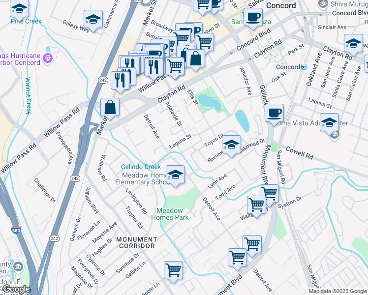 map of restaurants, bars, coffee shops, grocery stores, and more near 2200 Laguna Circle in Concord