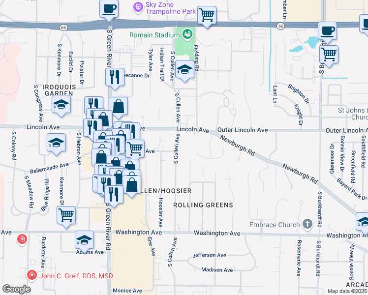 map of restaurants, bars, coffee shops, grocery stores, and more near 600 South Cullen Avenue in Evansville