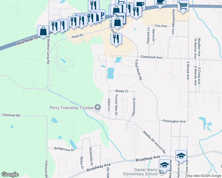 map of restaurants, bars, coffee shops, grocery stores, and more near 801 Jobes Lane in Evansville