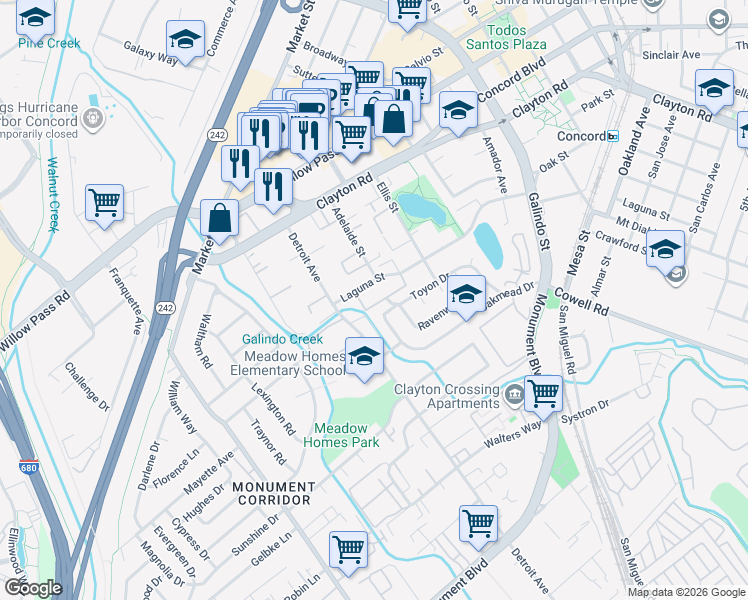 map of restaurants, bars, coffee shops, grocery stores, and more near 2000 Laguna Circle in Concord