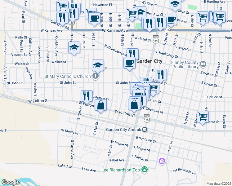 map of restaurants, bars, coffee shops, grocery stores, and more near 307 North 10th Street in Garden City