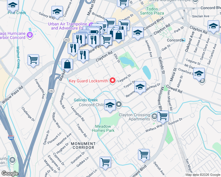 map of restaurants, bars, coffee shops, grocery stores, and more near 2000 Laguna Circle in Concord