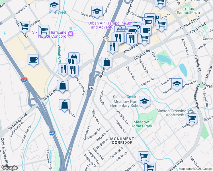 map of restaurants, bars, coffee shops, grocery stores, and more near 1660 Waltham Road in Concord