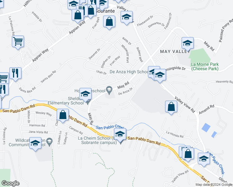 map of restaurants, bars, coffee shops, grocery stores, and more near in El Sobrante