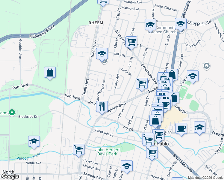 map of restaurants, bars, coffee shops, grocery stores, and more near 2521 Kelley Avenue in San Pablo
