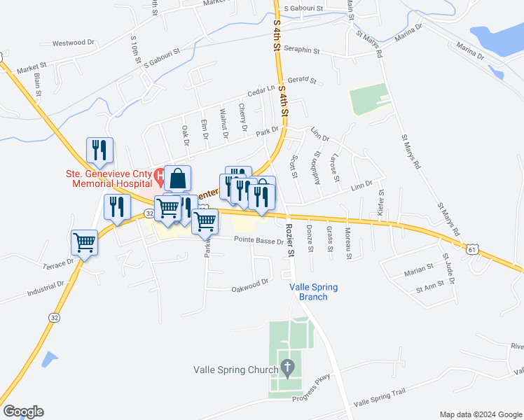 map of restaurants, bars, coffee shops, grocery stores, and more near 675 Ste Genevieve Drive in Ste. Genevieve