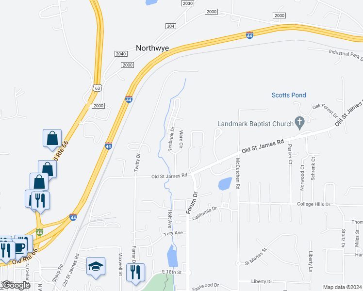 map of restaurants, bars, coffee shops, grocery stores, and more near 2125 Ware Circle in Rolla
