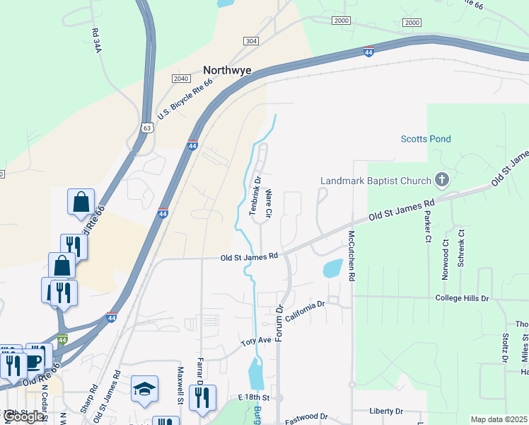 map of restaurants, bars, coffee shops, grocery stores, and more near 2125 Ware Circle in Rolla
