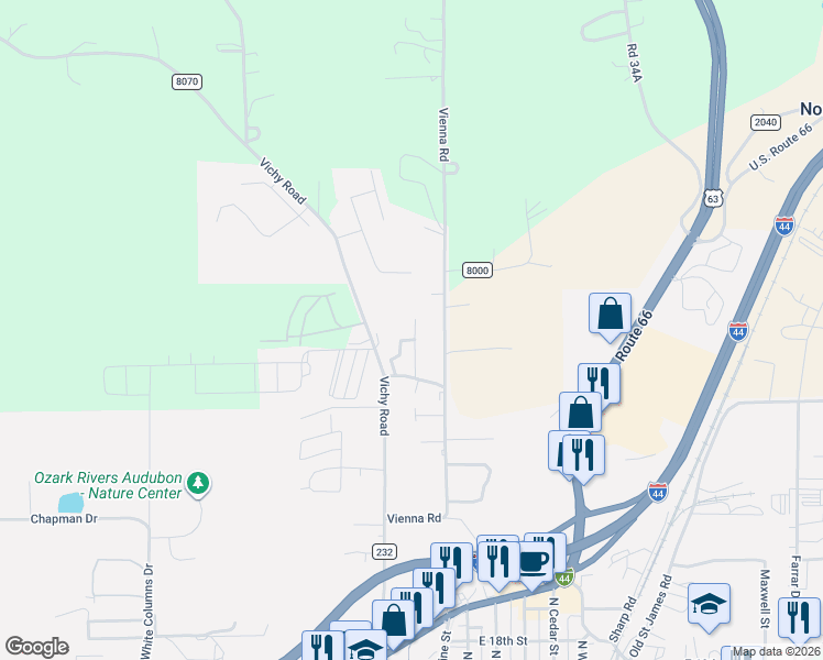 map of restaurants, bars, coffee shops, grocery stores, and more near 2407 Vienna Road in Rolla