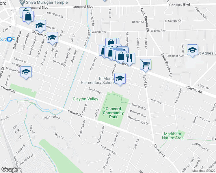map of restaurants, bars, coffee shops, grocery stores, and more near 138 Roslyn Drive in Concord