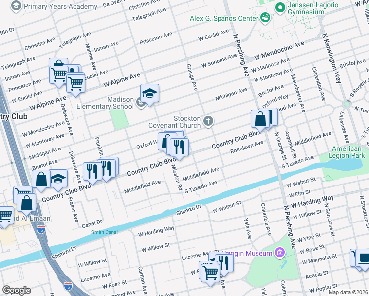 map of restaurants, bars, coffee shops, grocery stores, and more near 1789 Country Club Boulevard in Stockton