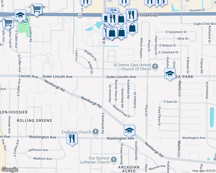 map of restaurants, bars, coffee shops, grocery stores, and more near 658 South Burkhardt Road in Evansville