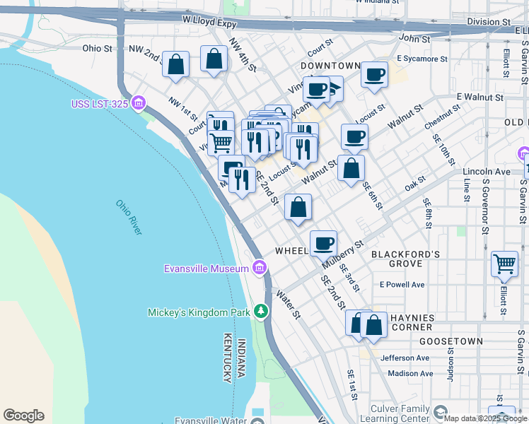 map of restaurants, bars, coffee shops, grocery stores, and more near 202 Southeast 1st Street in Evansville