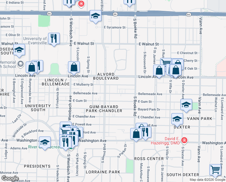 map of restaurants, bars, coffee shops, grocery stores, and more near 2228-2300 Bellemeade Avenue in Evansville