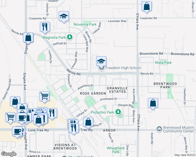 map of restaurants, bars, coffee shops, grocery stores, and more near 2859 Peace Lane in Brentwood