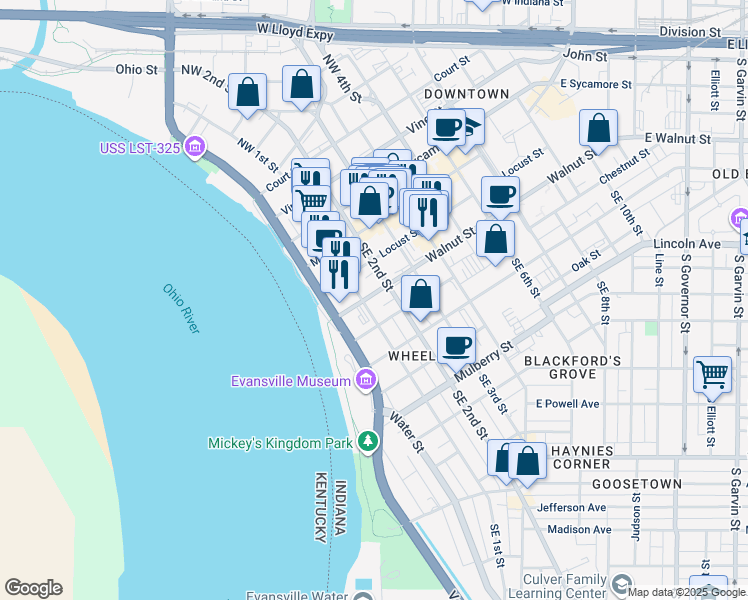 map of restaurants, bars, coffee shops, grocery stores, and more near 17 Walnut Street in Evansville