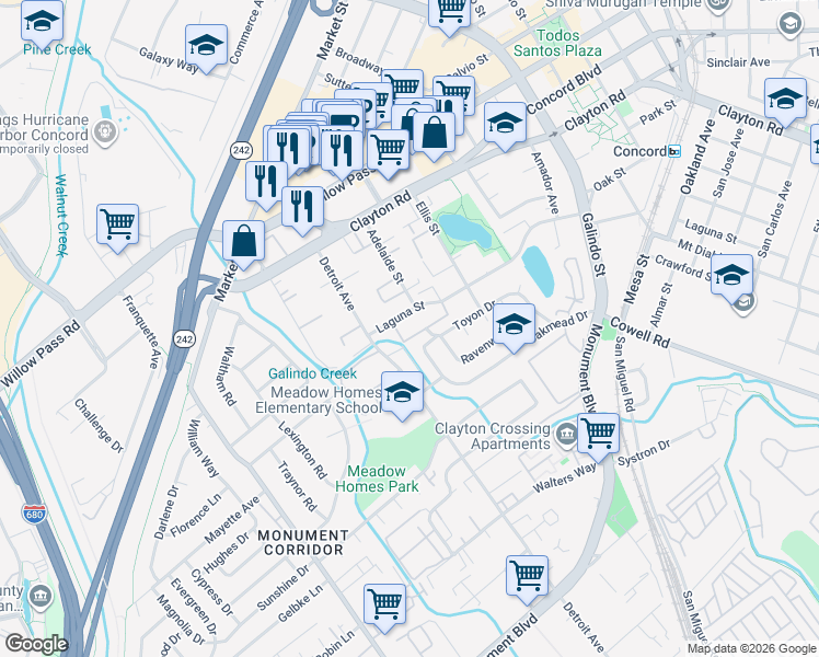 map of restaurants, bars, coffee shops, grocery stores, and more near 2300 Laguna Circle in Concord