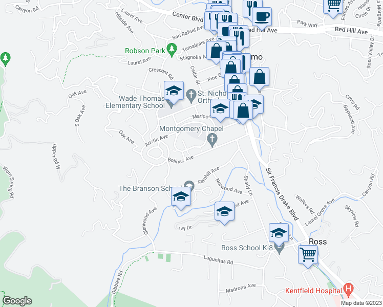 map of restaurants, bars, coffee shops, grocery stores, and more near 138 Bolinas Avenue in San Anselmo
