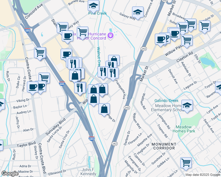 map of restaurants, bars, coffee shops, grocery stores, and more near 1320 Willow Pass Road in Concord