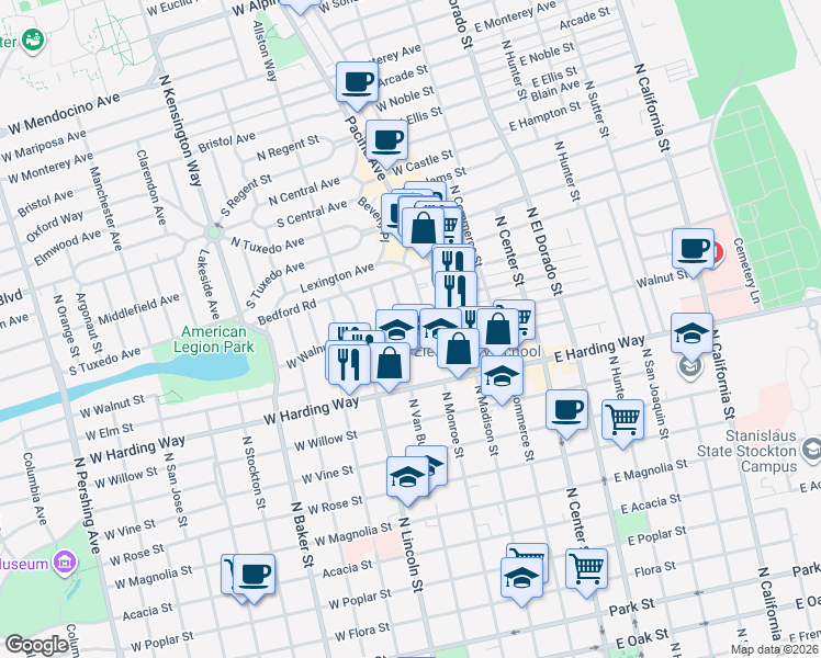 map of restaurants, bars, coffee shops, grocery stores, and more near 328 West Walnut Street in Stockton