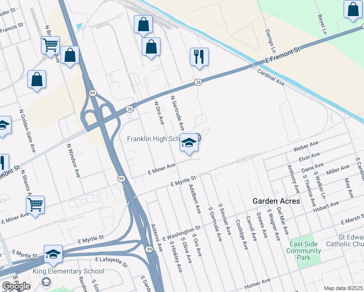 map of restaurants, bars, coffee shops, grocery stores, and more near 404 North Oro Avenue in Stockton