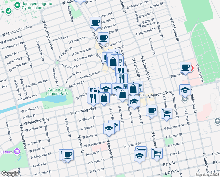 map of restaurants, bars, coffee shops, grocery stores, and more near 1647 Elizabeth Avenue in Stockton