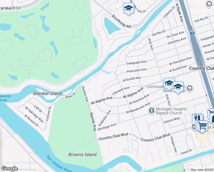 map of restaurants, bars, coffee shops, grocery stores, and more near 3439 West Euclid Avenue in Stockton