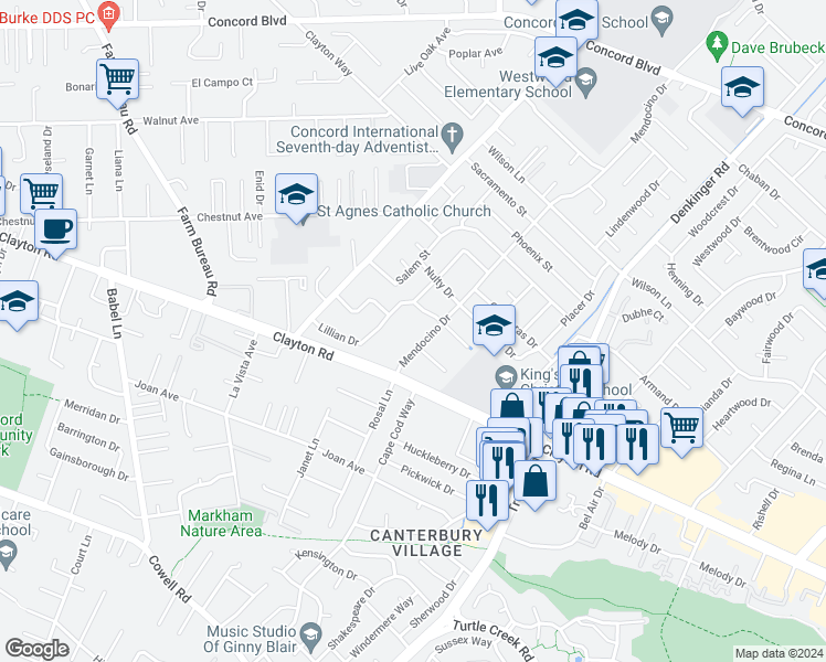 map of restaurants, bars, coffee shops, grocery stores, and more near 1521 Mendocino Drive in Concord