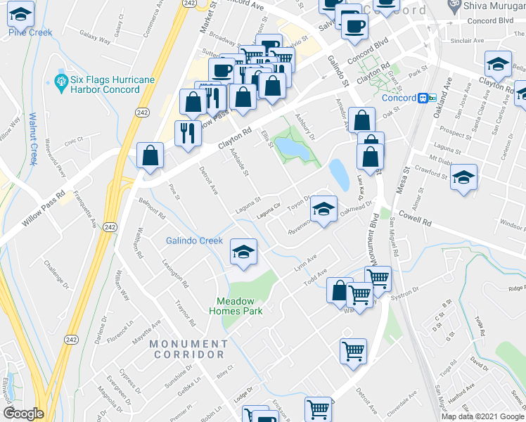 map of restaurants, bars, coffee shops, grocery stores, and more near 1463 Toyon Drive in Concord