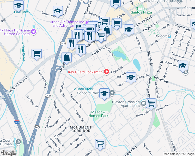 map of restaurants, bars, coffee shops, grocery stores, and more near 1501 Detroit Avenue in Concord