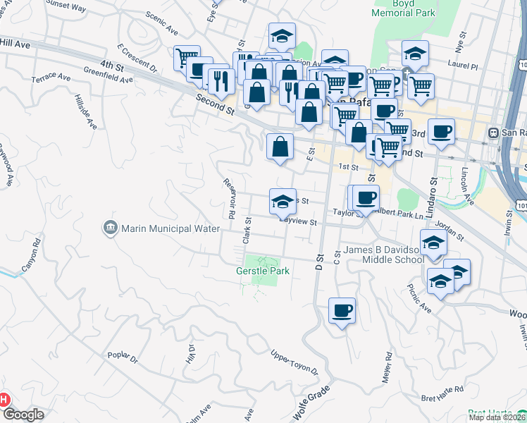 map of restaurants, bars, coffee shops, grocery stores, and more near 323 Bayview Street in San Rafael