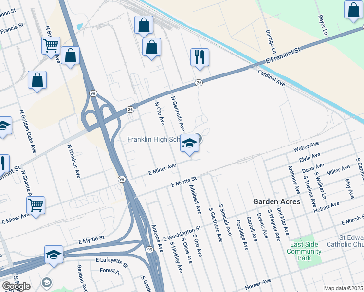 map of restaurants, bars, coffee shops, grocery stores, and more near 300 North Gertrude Avenue in Stockton