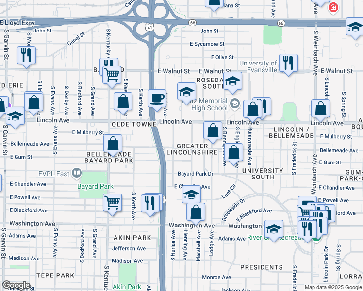 map of restaurants, bars, coffee shops, grocery stores, and more near 1312 Bellemeade Avenue in Evansville