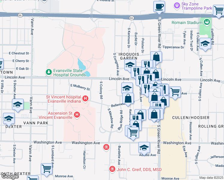 map of restaurants, bars, coffee shops, grocery stores, and more near 4101 Mulberry Place in Evansville