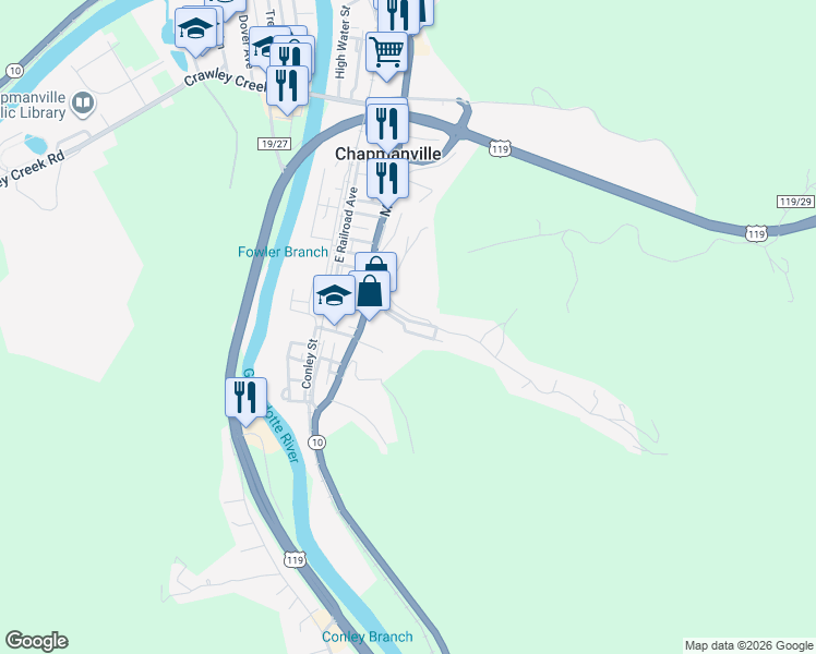 map of restaurants, bars, coffee shops, grocery stores, and more near Perdue Lane in Chapmanville