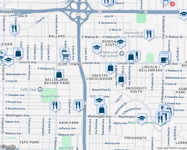 map of restaurants, bars, coffee shops, grocery stores, and more near 1313 Bellemeade Avenue in Evansville